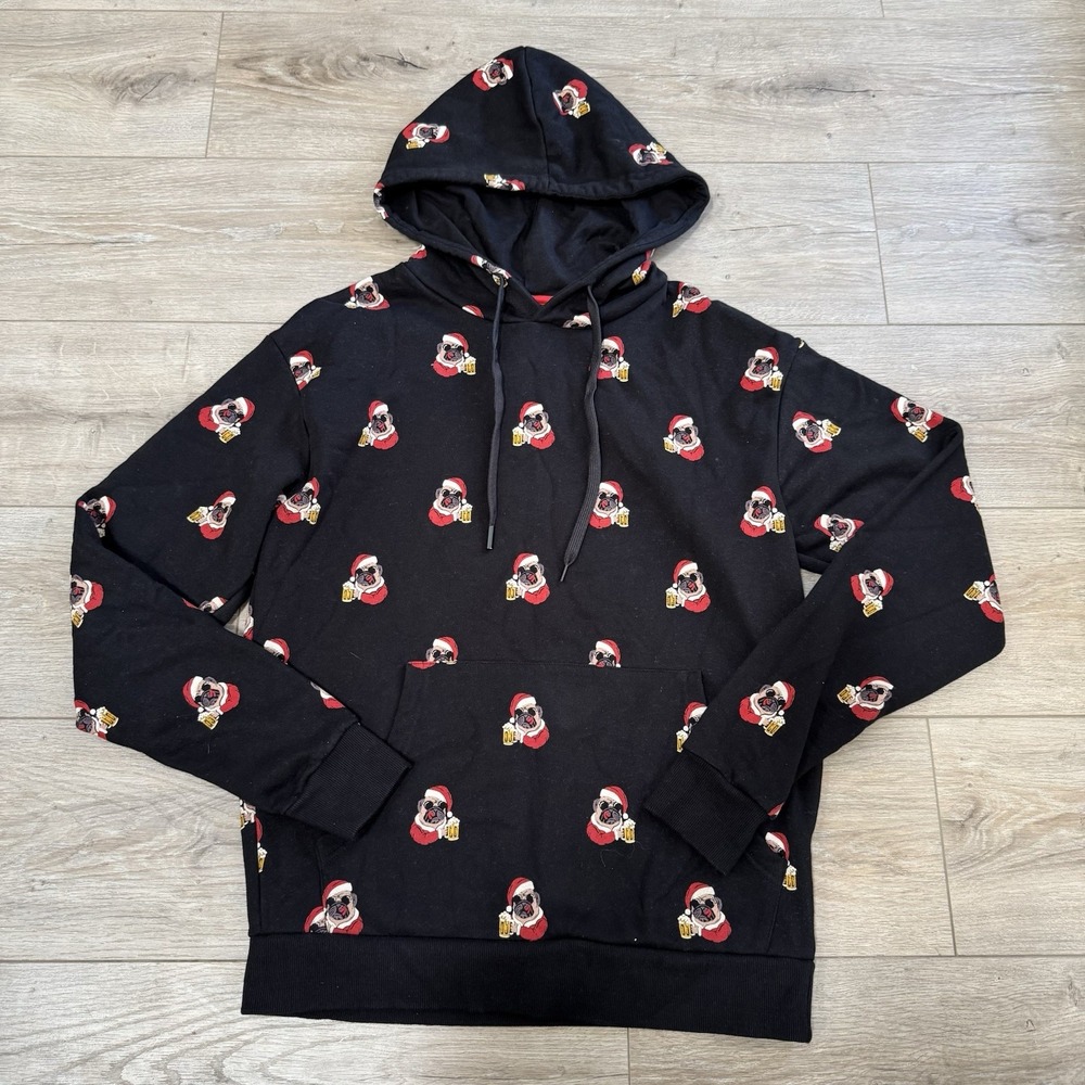 Denim & Flower Beer Mug Pug Holiday Black Hoodie Men's M Santa‎ Dog
